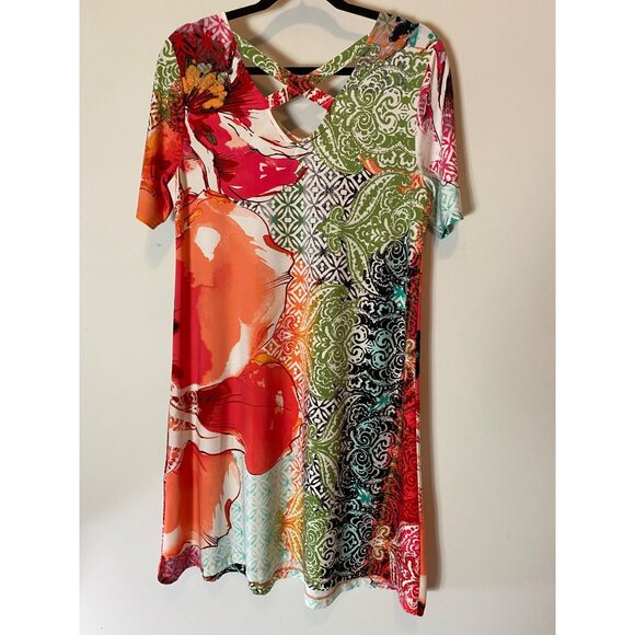 Chicos Multicolor Petite A-Line Dress Short Sleeve Stretchy V-Neck Cutout Medium - Picture 2 of 11